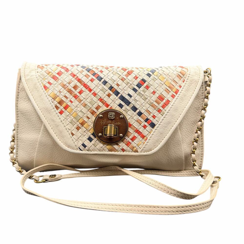 Vintage Elliott Lucca Cordoba Woven Leather Crossbody Bag Cream Multicolor